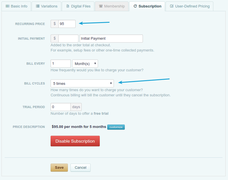 Payment plan settings for recurring price and billing cycles