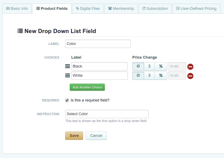 Adding new drop down list to product