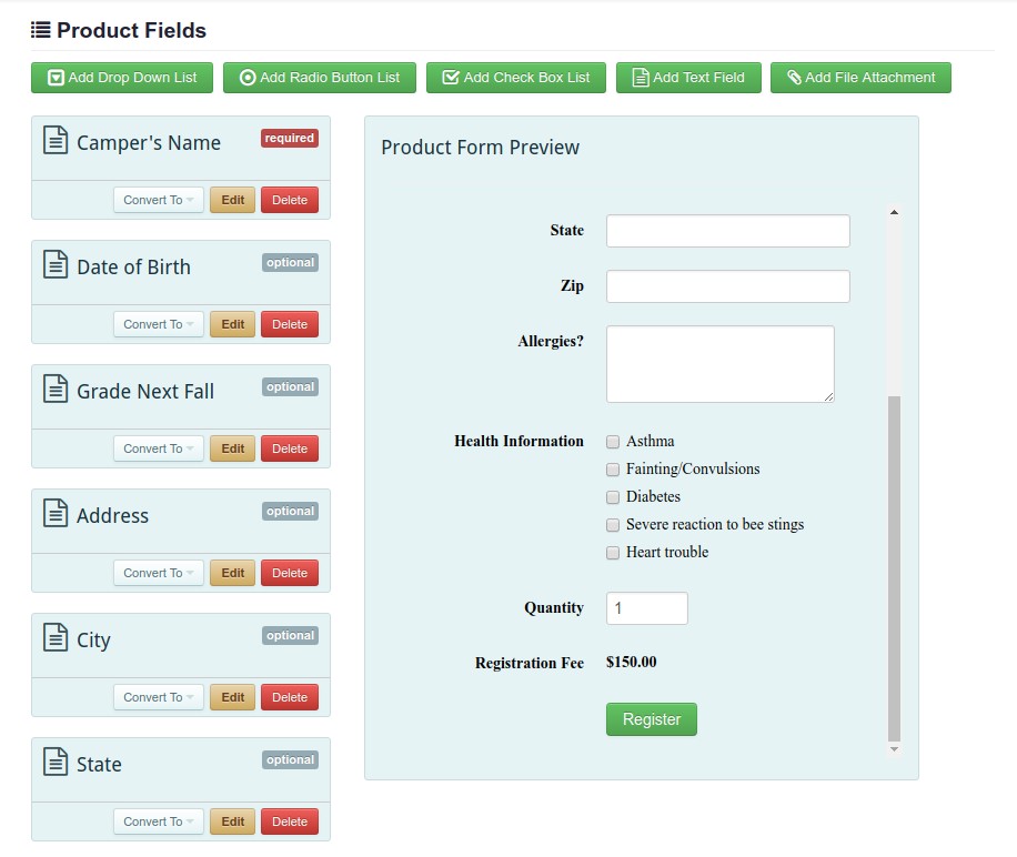 Building a camp registration form