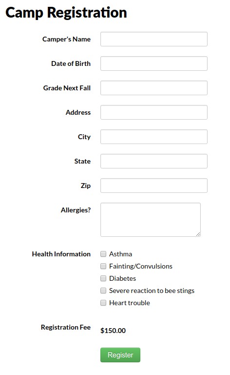 Camp registration page showing the registration payment form