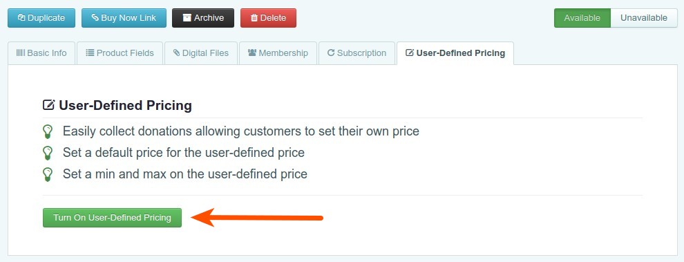 Enable user defined pricing