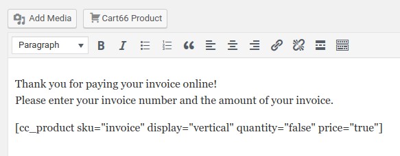 Adding the invoice payment shortcode to the WordPress page editor