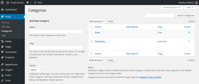 WordPress post categories